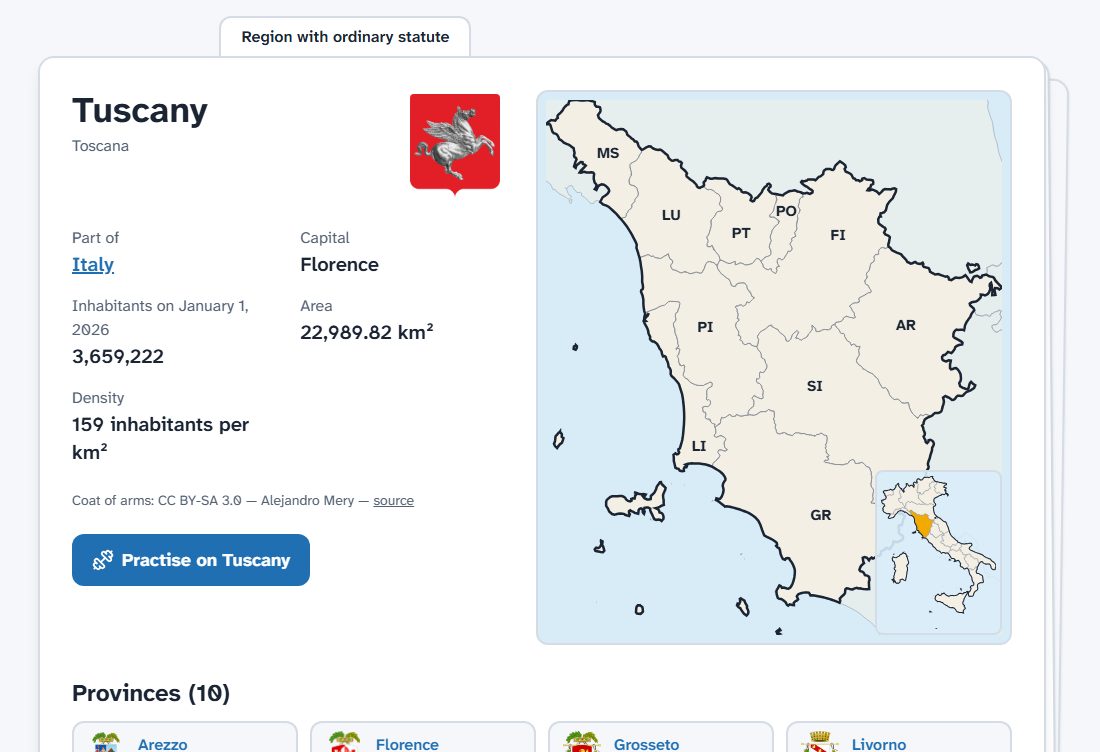 The card of Tuscany, with coat of arms, data and a map of its provinces