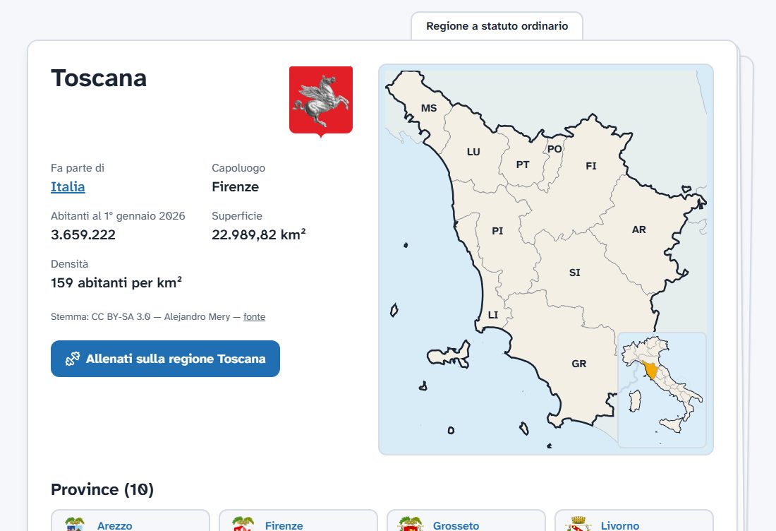 La scheda della Toscana, con stemma, dati e cartina delle province