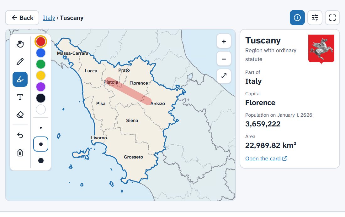 Teaching mode: Tuscany with a highlight and the information panel