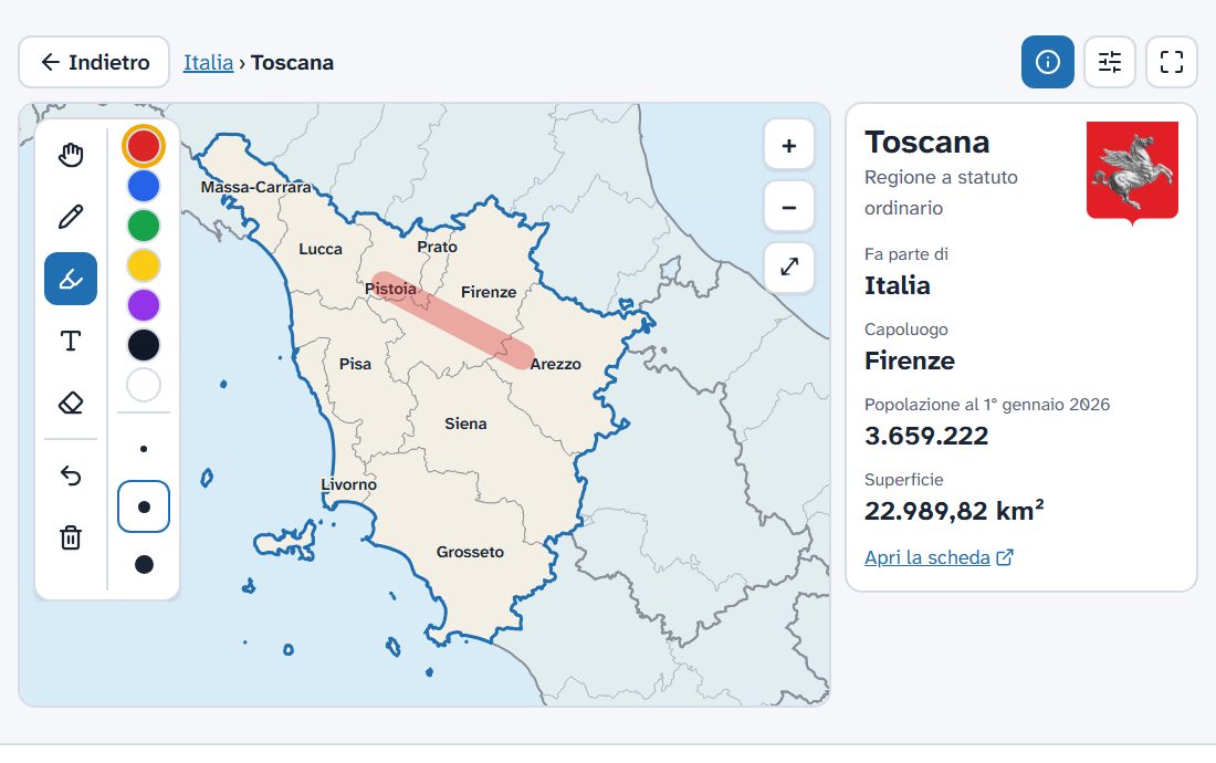 La modalità Insegnamento: la Toscana con una evidenziazione e il pannello delle informazioni
